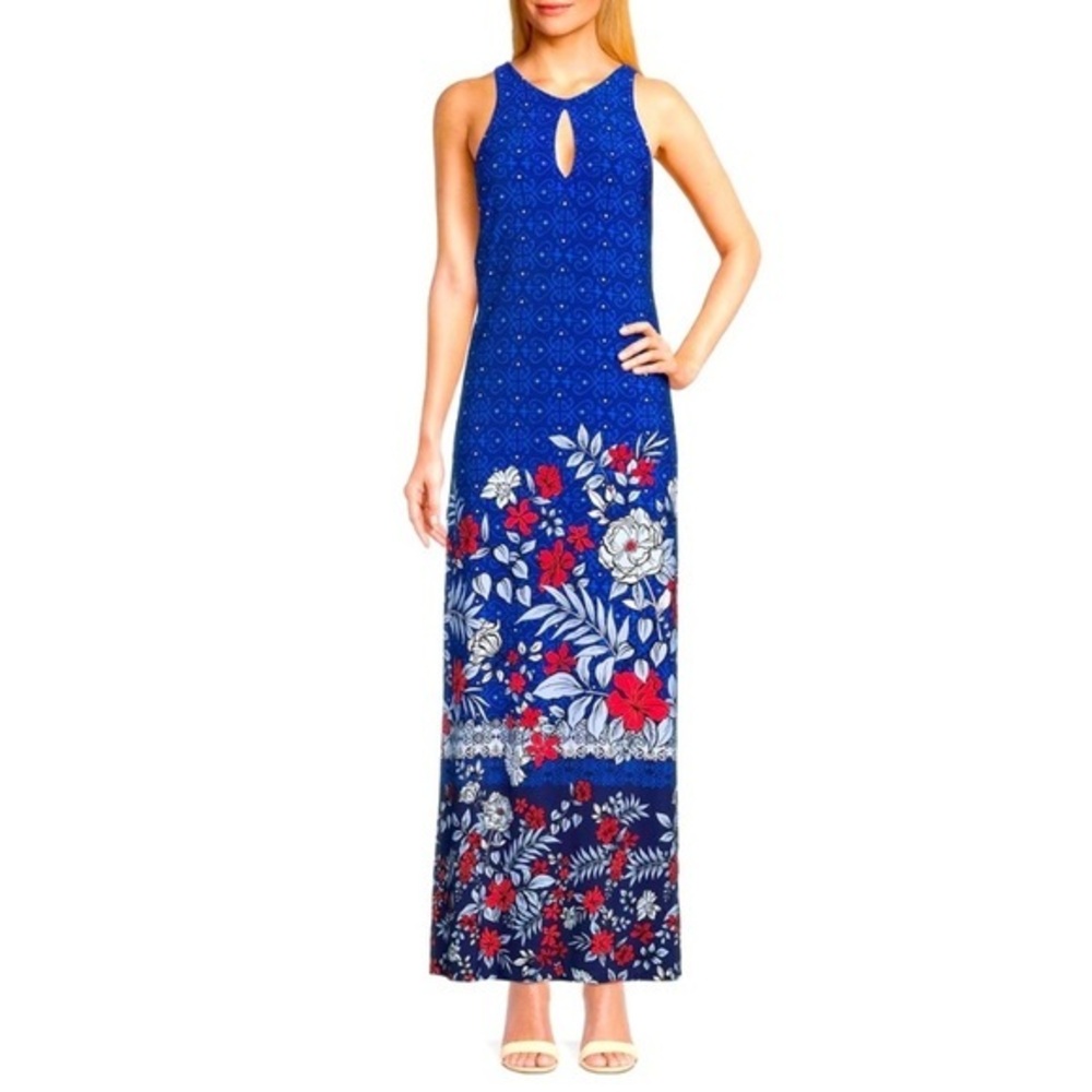 Tommy Bahama Red White & Blue Geo Garden Placement Print Matte Jersey Maxi Dress